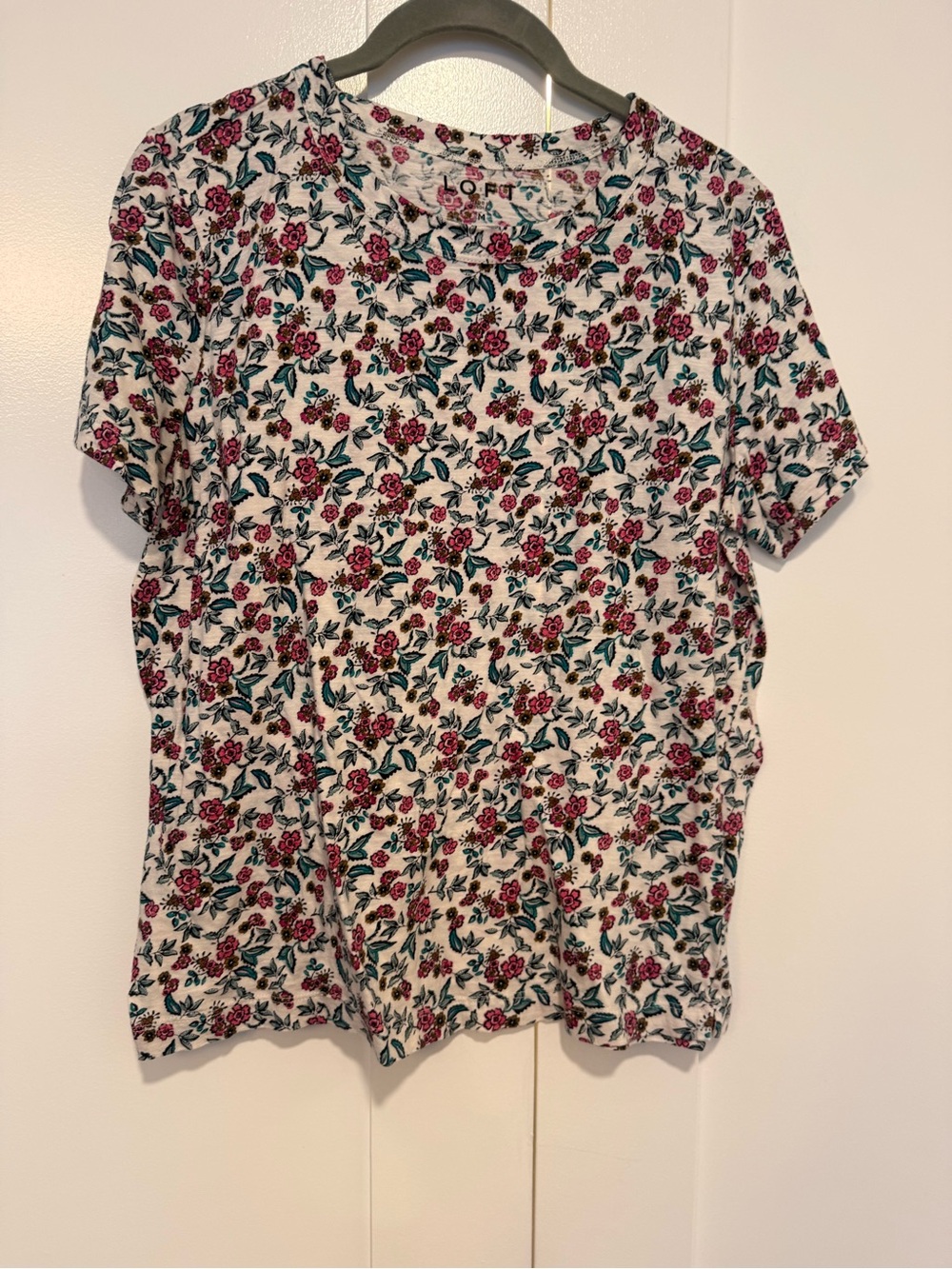 LOFT Cream Floral Short Sleeve Tee with Pink & Teal Accents
